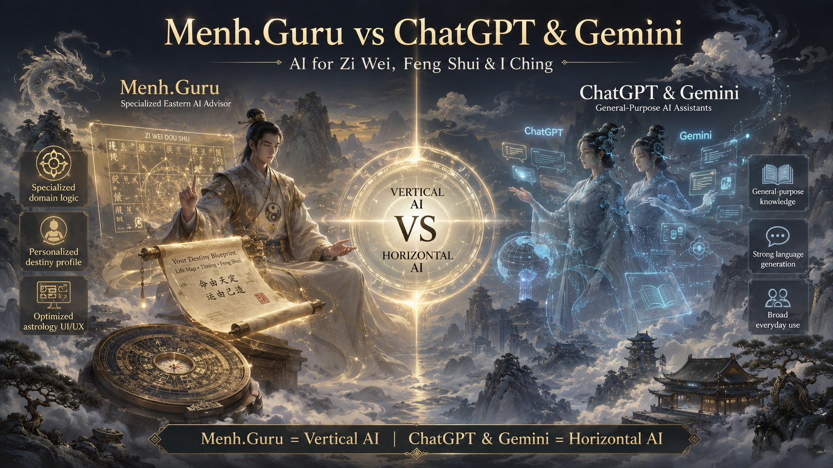 So sánh Menh.Guru với các nền tảng AI như Chatgpt, gemini - Ứng dụng AI tử vi, phong thủy